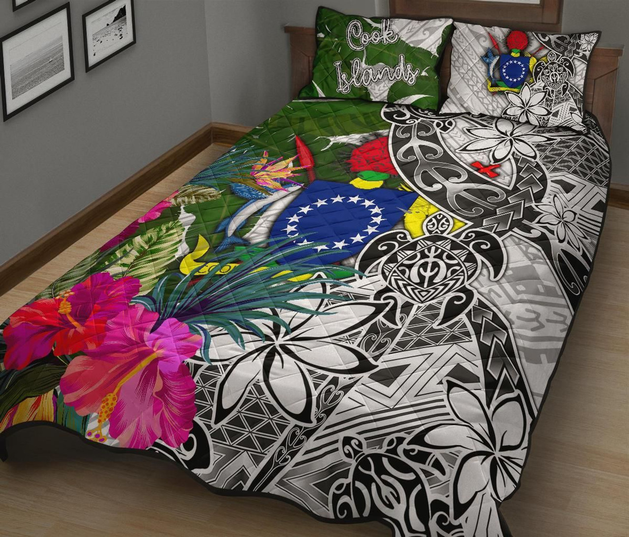 Cook Islands Quilt Bed Set White - Turtle Plumeria Banana Leaf 2