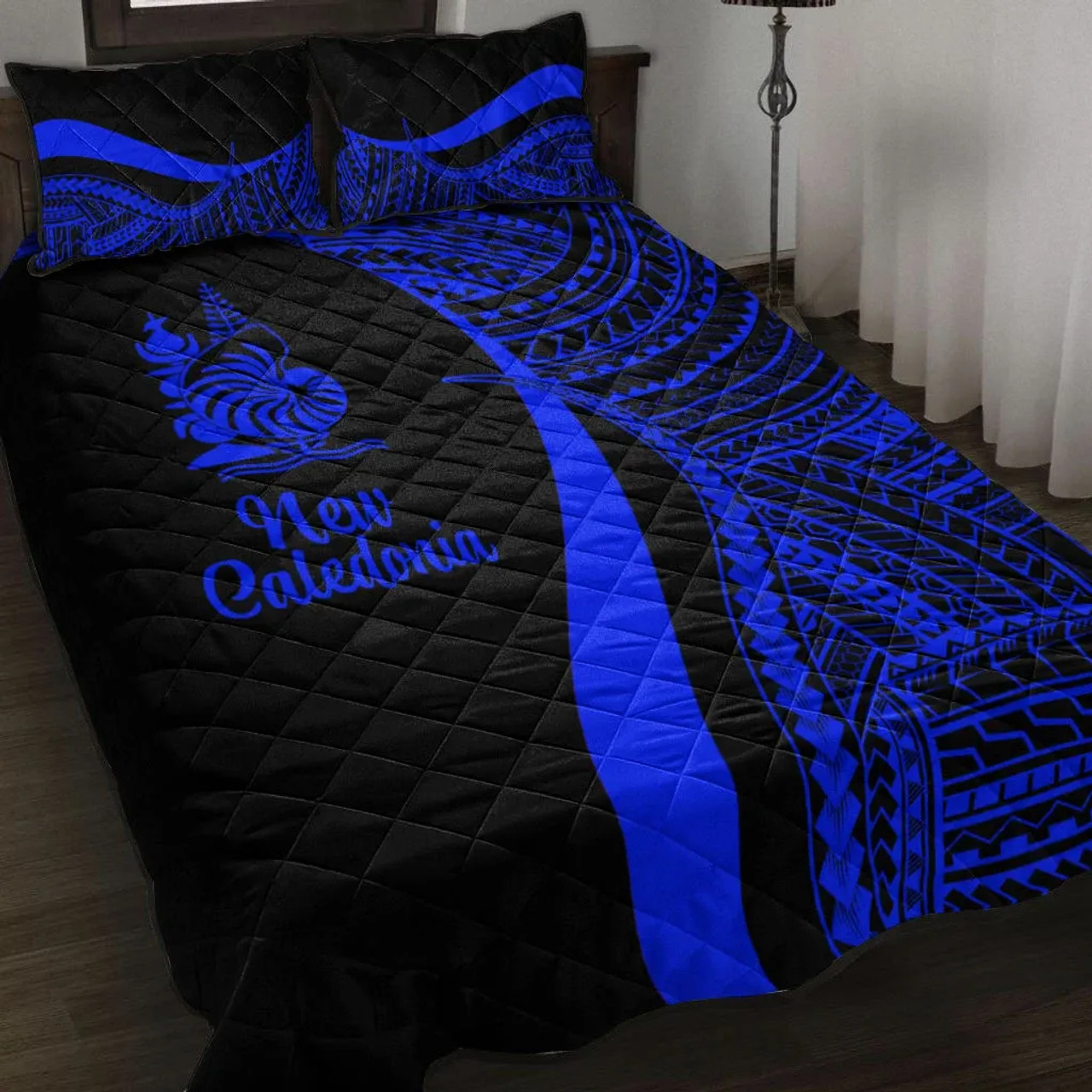 New Caledonia Quilt Bet Set - Blue Polynesian Tentacle Tribal Pattern 1