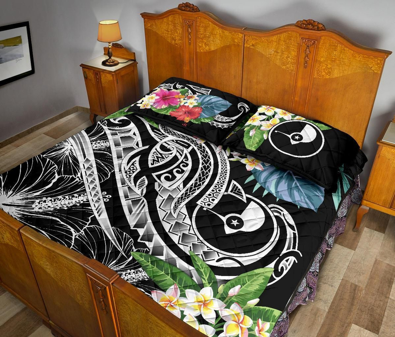 Yap Polynesian Quilt Bed Set - Summer Plumeria (Black) 4