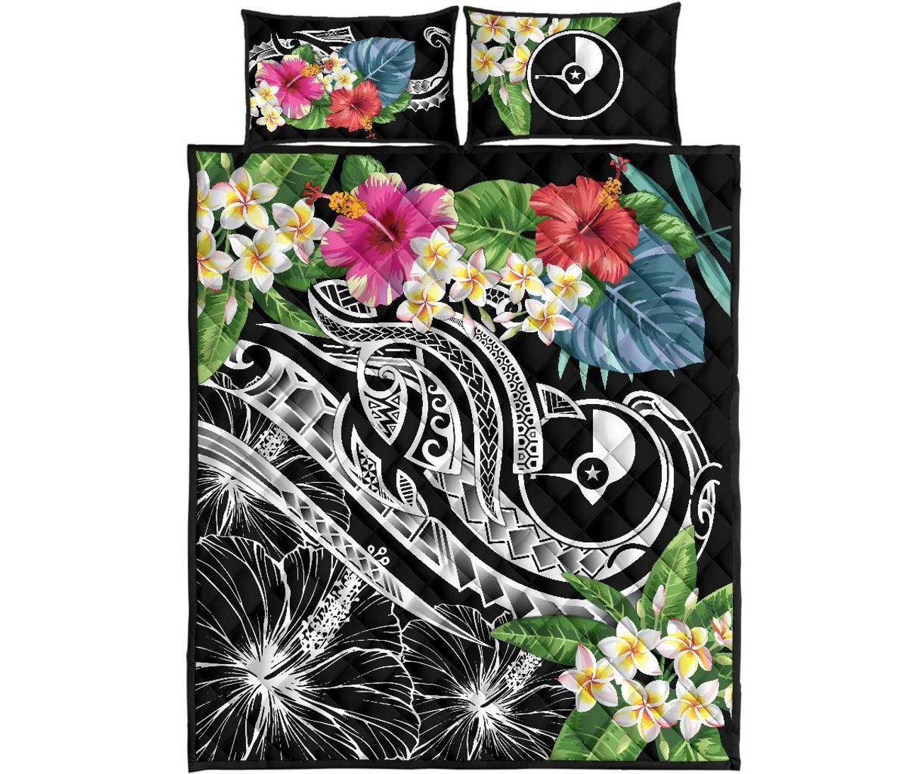 Yap Polynesian Quilt Bed Set - Summer Plumeria (Black) 5