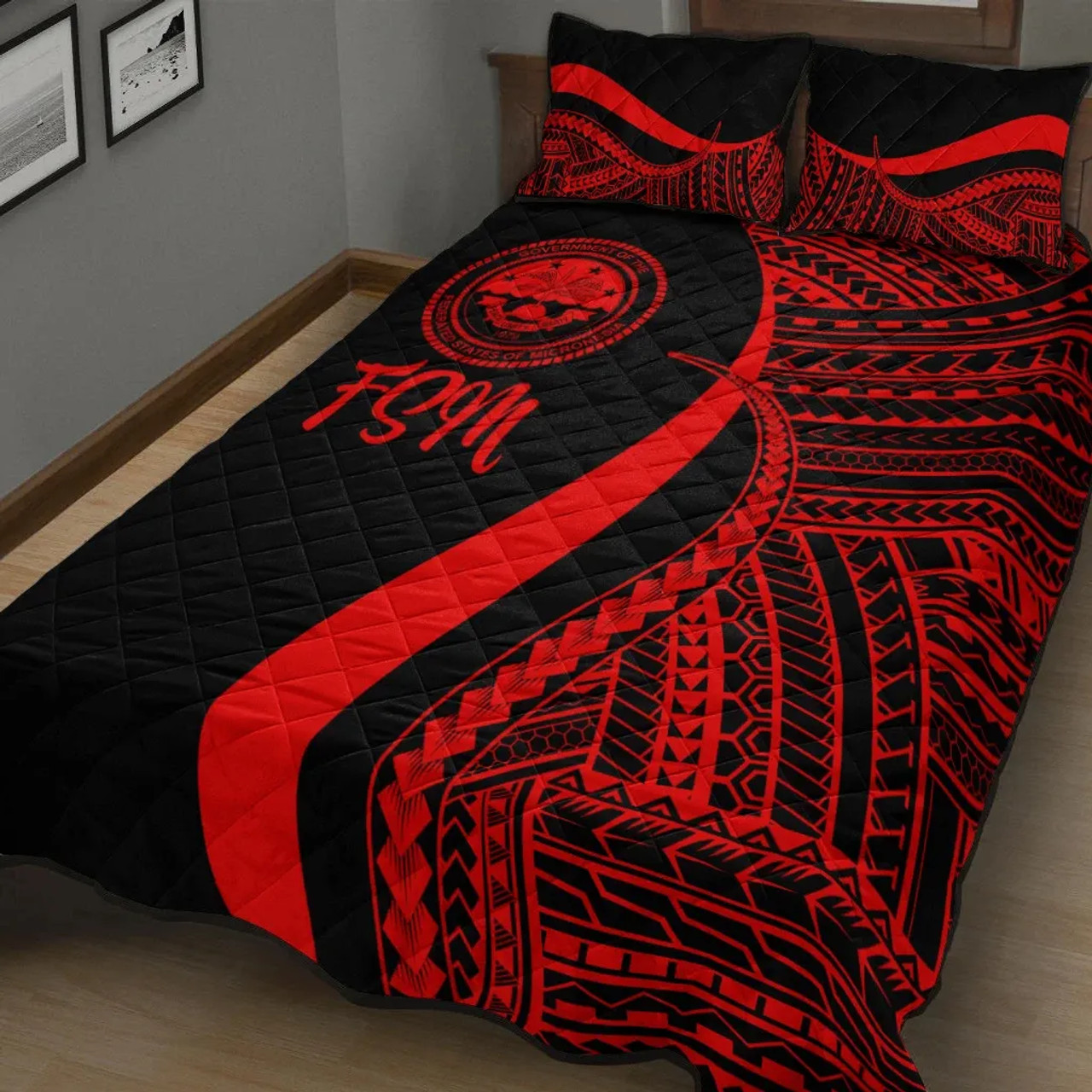 Federated States of Micronesia Quilt Bet Set - Red Polynesian Tentacle Tribal Pattern 2