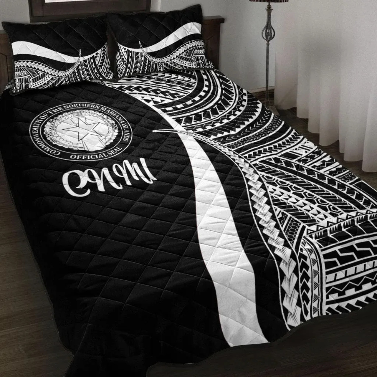 Northern Mariana Islands Quilt Bet Set - White Polynesian Tentacle Tribal Pattern 1