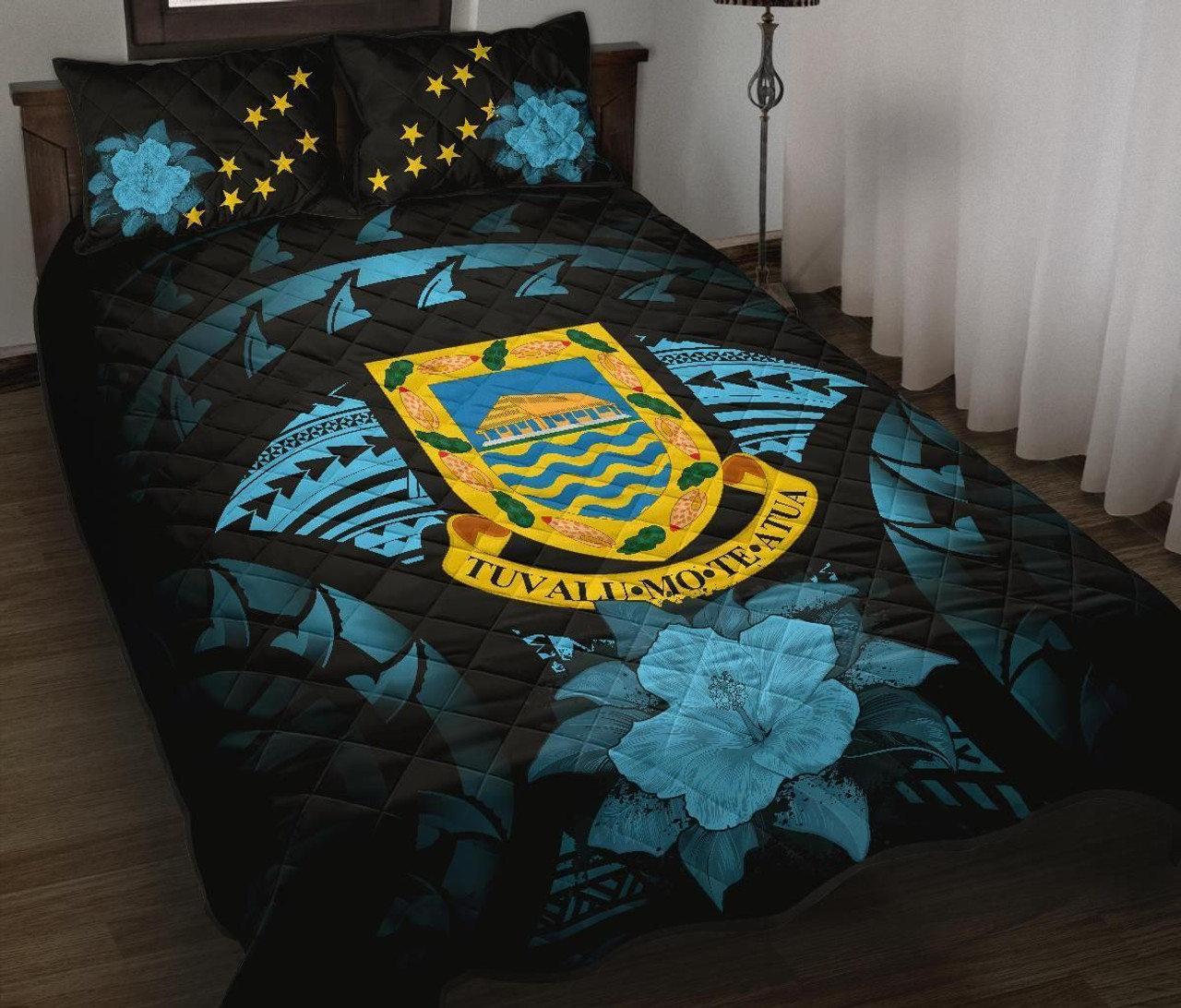 Tuvalu Polynesian Quilt Bed Set Hibiscus Blue 1