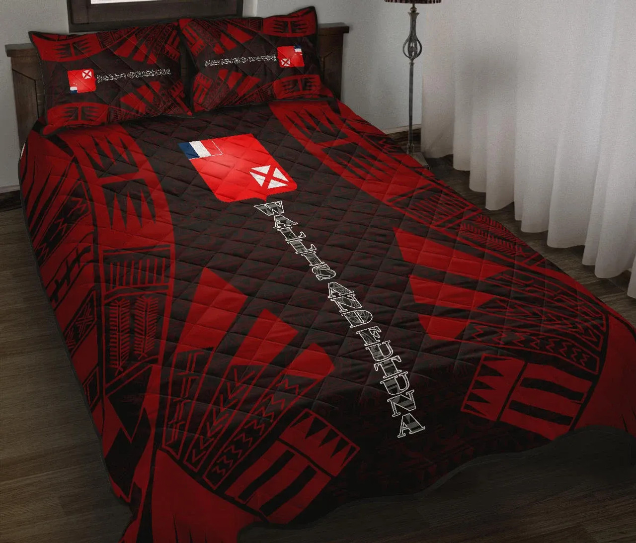 Wallis and Futuna Quilt Bed Set - Wallis and Futuna Coat Of Arms & Polynesian Red Tattoo Style 2