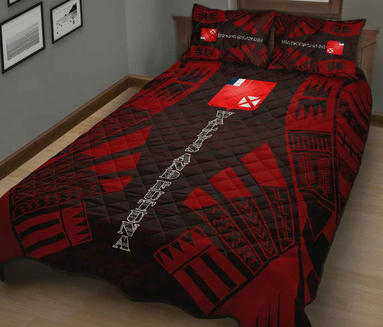 Wallis and Futuna Quilt Bed Set - Wallis and Futuna Coat Of Arms & Polynesian Red Tattoo Style 3