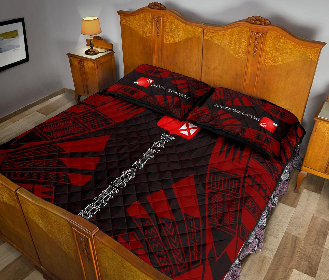 Wallis and Futuna Quilt Bed Set - Wallis and Futuna Coat Of Arms & Polynesian Red Tattoo Style 5