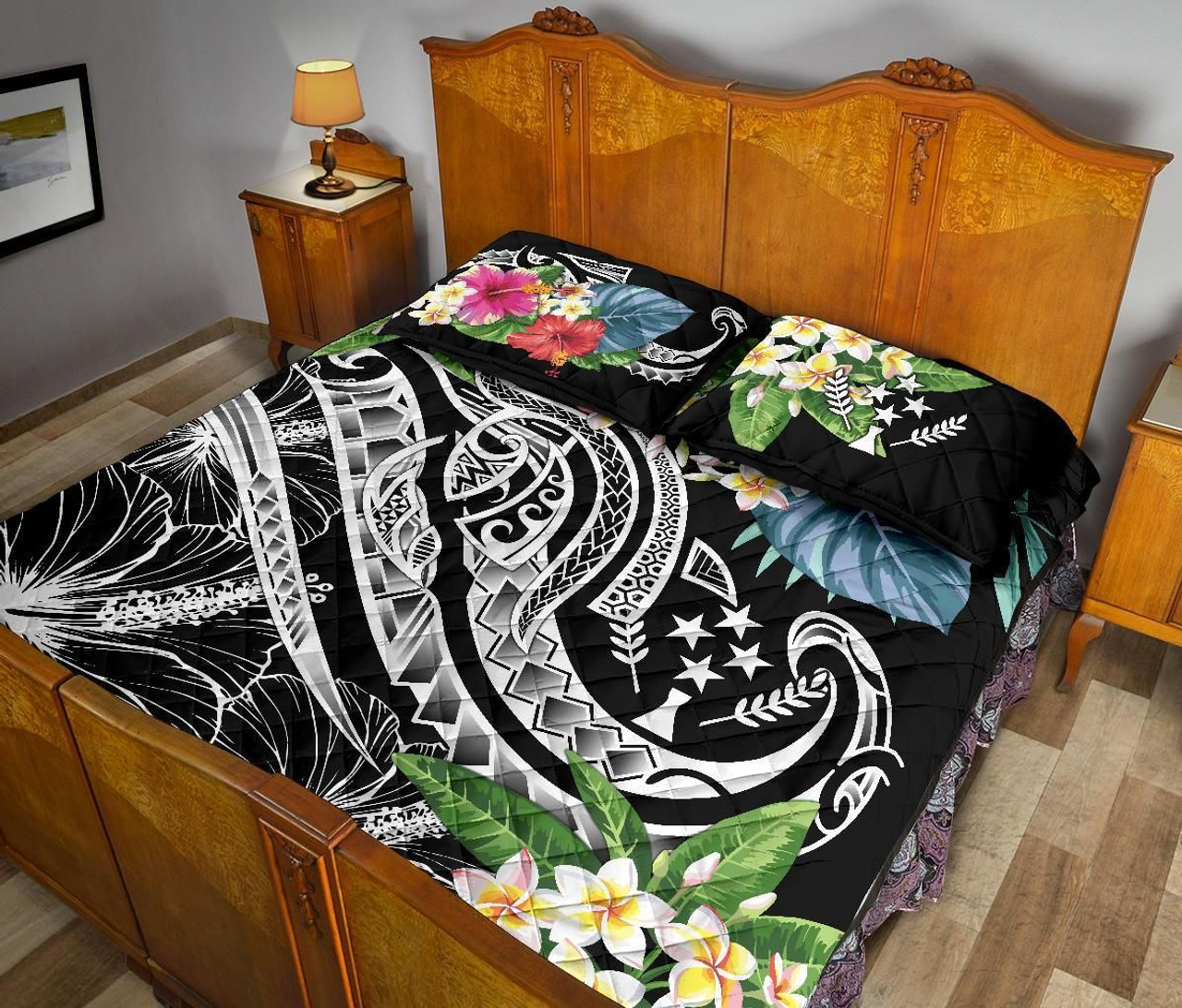 Kosrae Polynesian Quilt Bed Set - Summer Plumeria (Black) 4