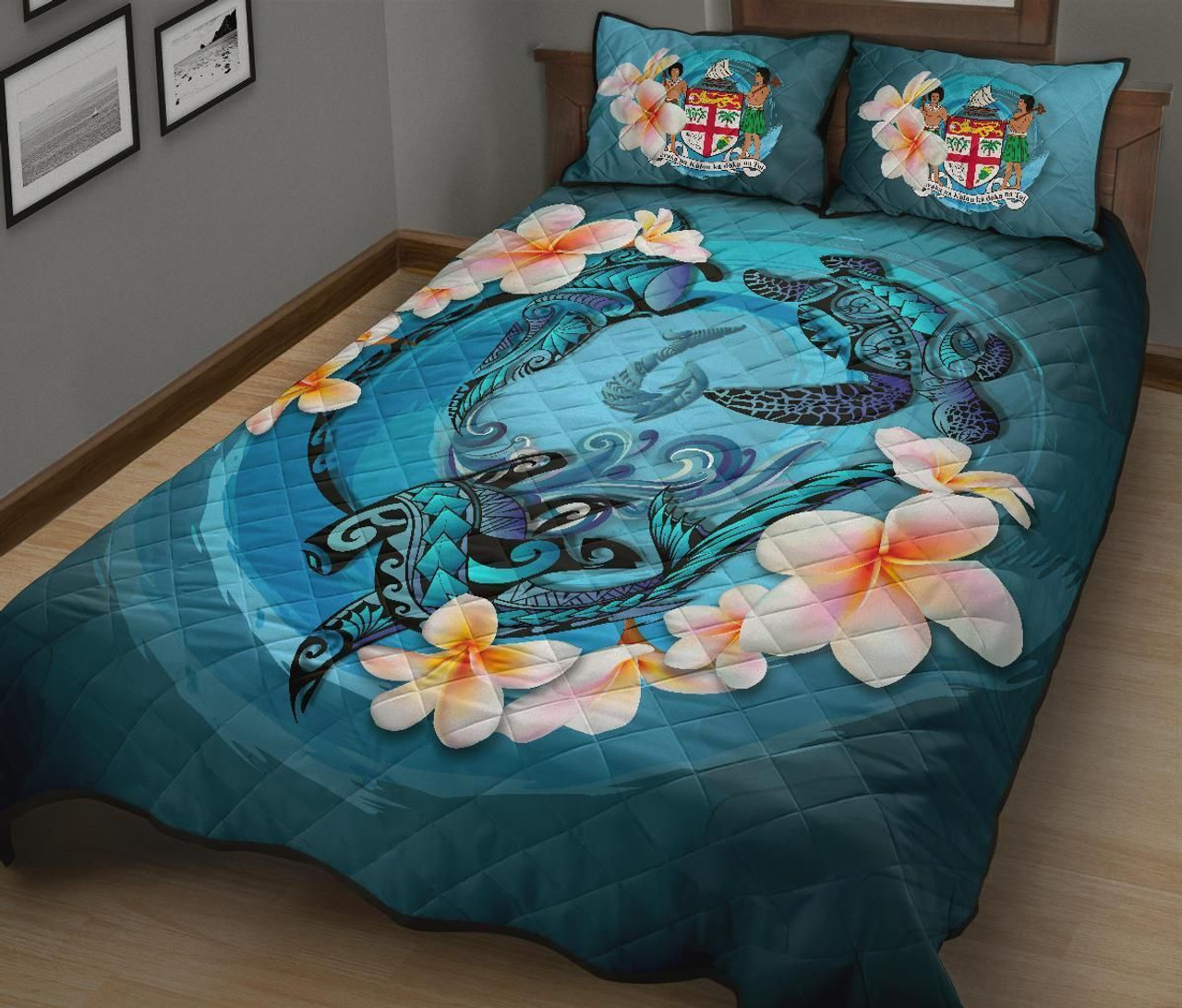 Fiji Polynesian Quilt Bed Set - Blue Plumeria Animal Tattoo 2