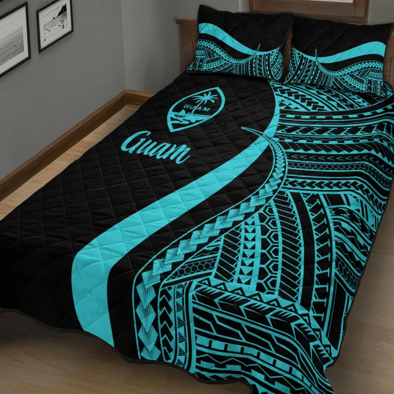 Guam Quilt Bet Set - Turquoise Polynesian Tentacle Tribal Pattern 2