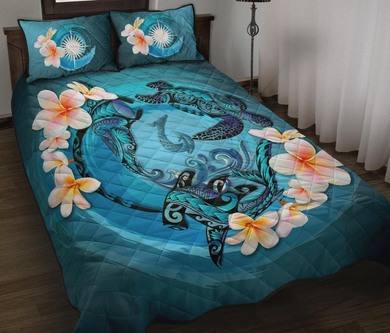 Marshall Islands Polynesian Quilt Bed Set - Blue Plumeria Animal Tattoo 1