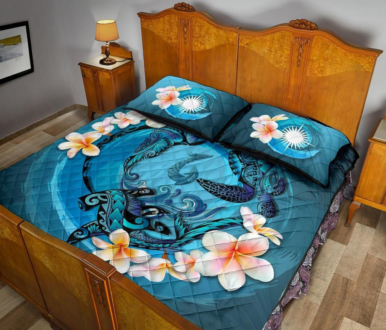 Marshall Islands Polynesian Quilt Bed Set - Blue Plumeria Animal Tattoo 4