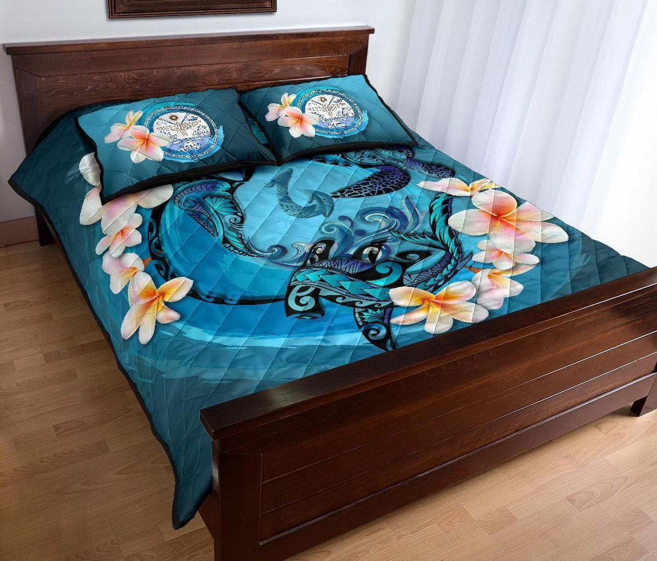 Marshall Islands Polynesian Quilt Bed Set - Blue Plumeria Animal Tattoo 3