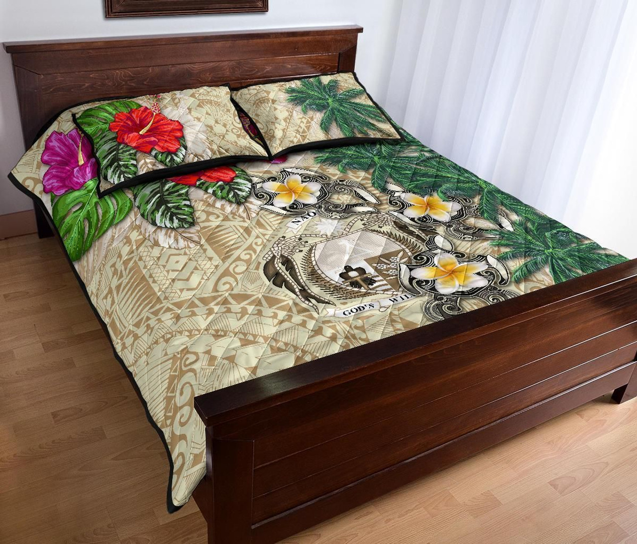 Nauru Polynesian Quilt Bed Set - Hibiscus Turtle Tattoo Beige 3