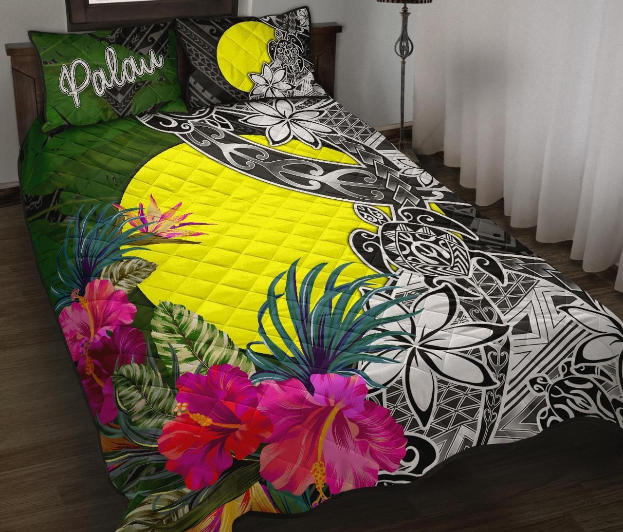 Palau Quilt Bed Set - Turtle Plumeria Banana Leaf 1