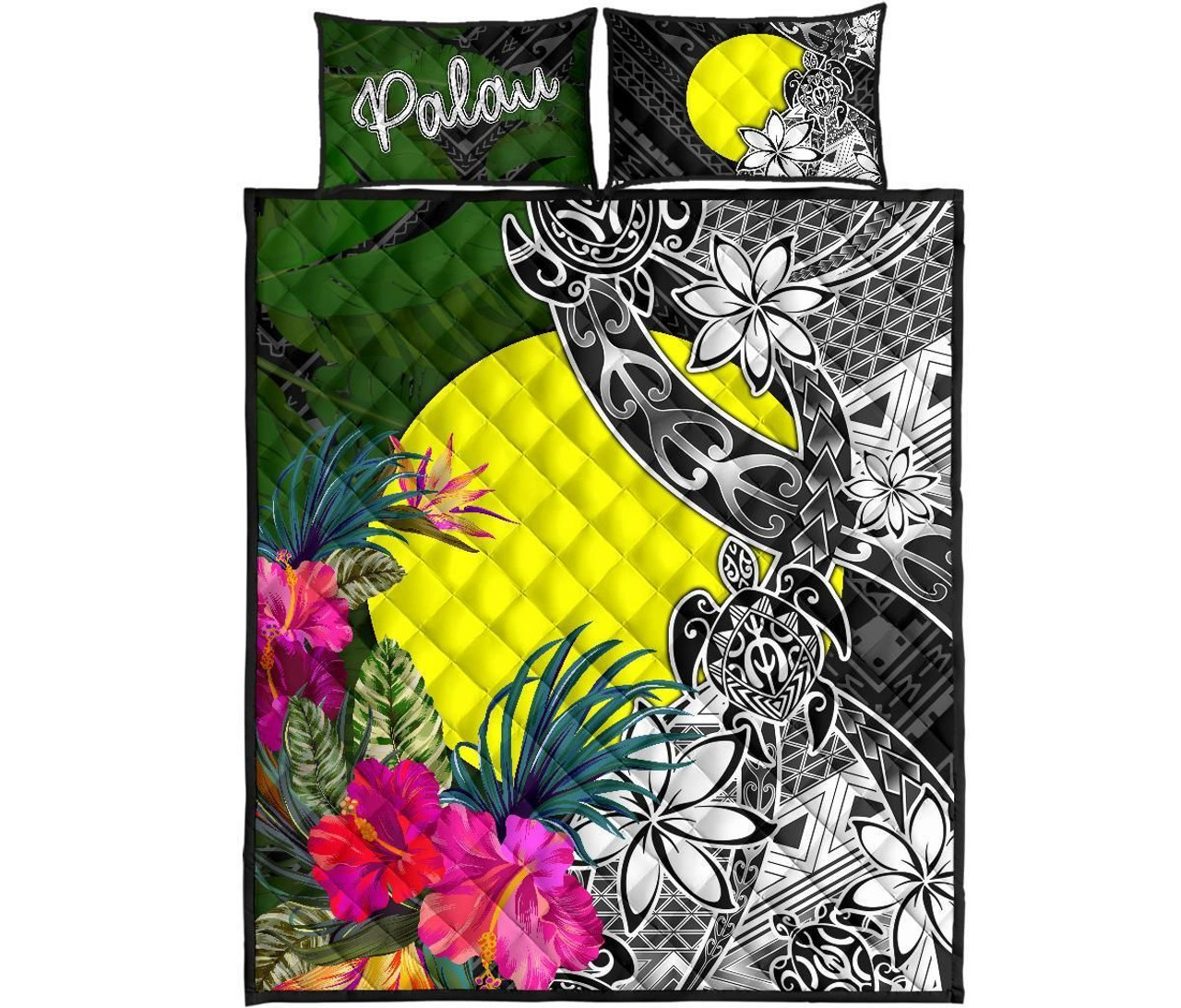 Palau Quilt Bed Set - Turtle Plumeria Banana Leaf 2