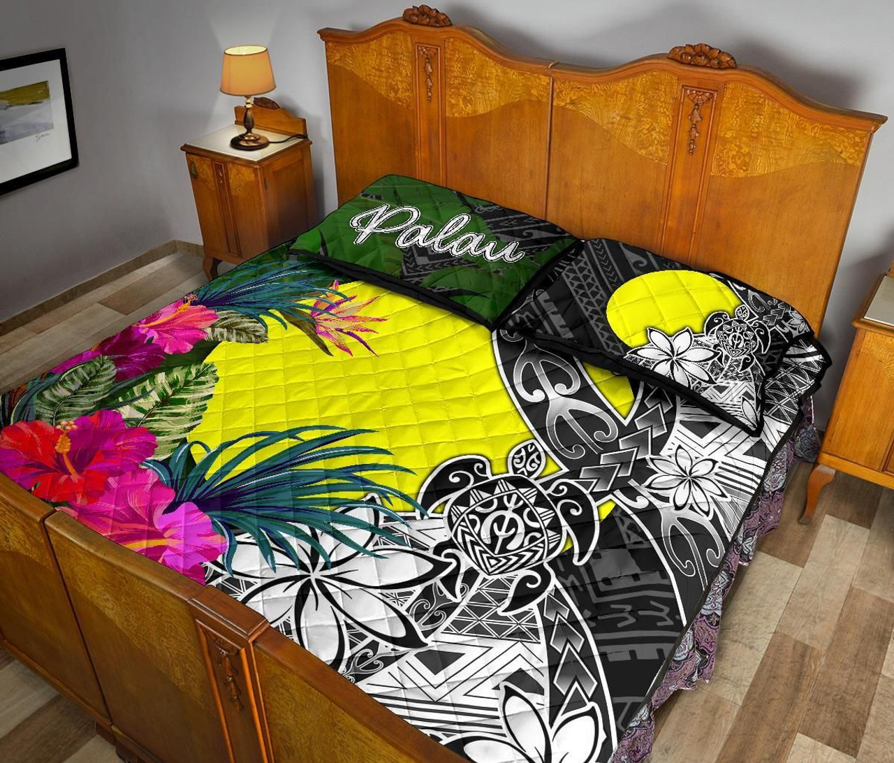 Palau Quilt Bed Set - Turtle Plumeria Banana Leaf 5