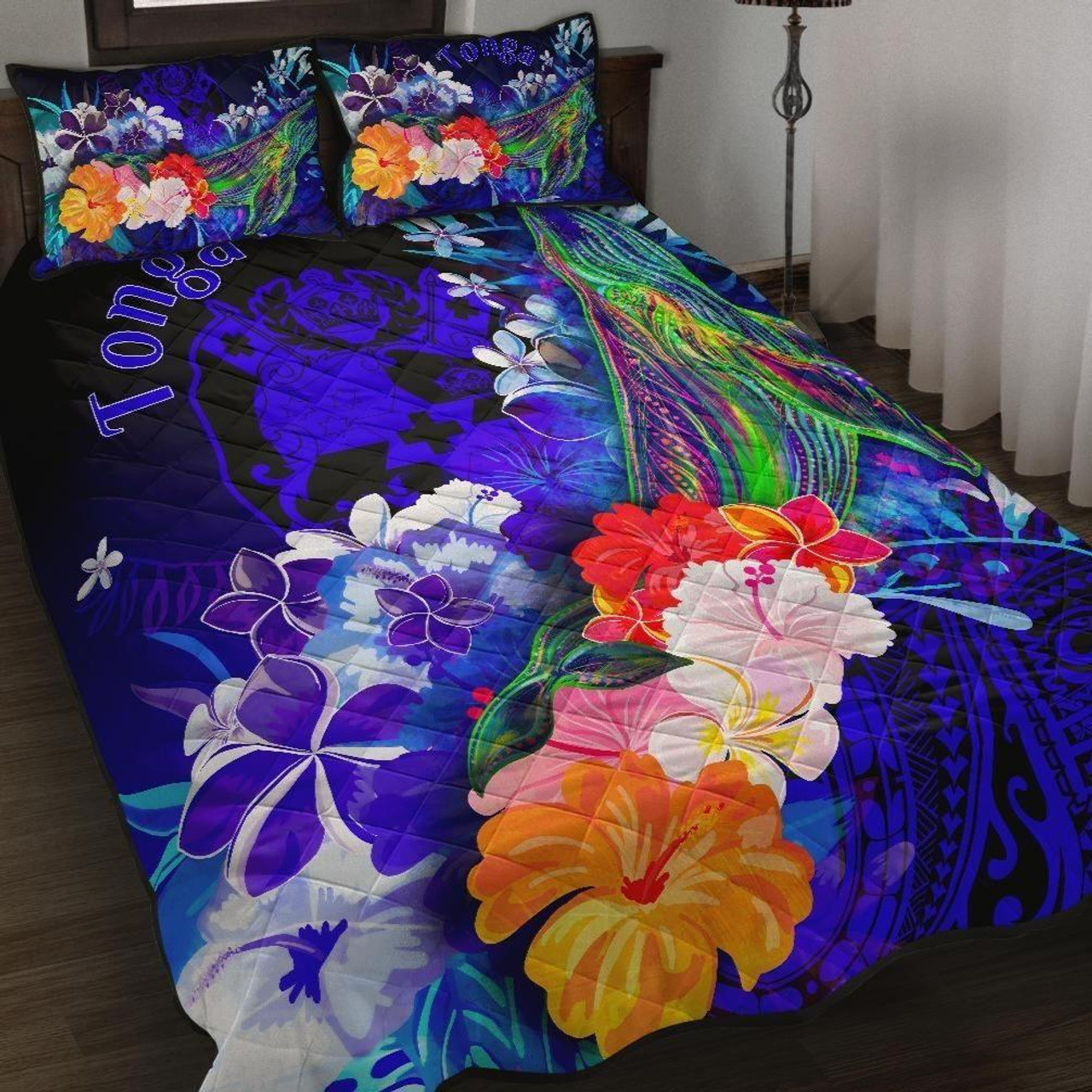 Tonga Quilt Bed Set - Humpback Whale with Tropical Flowers (Blue) 1