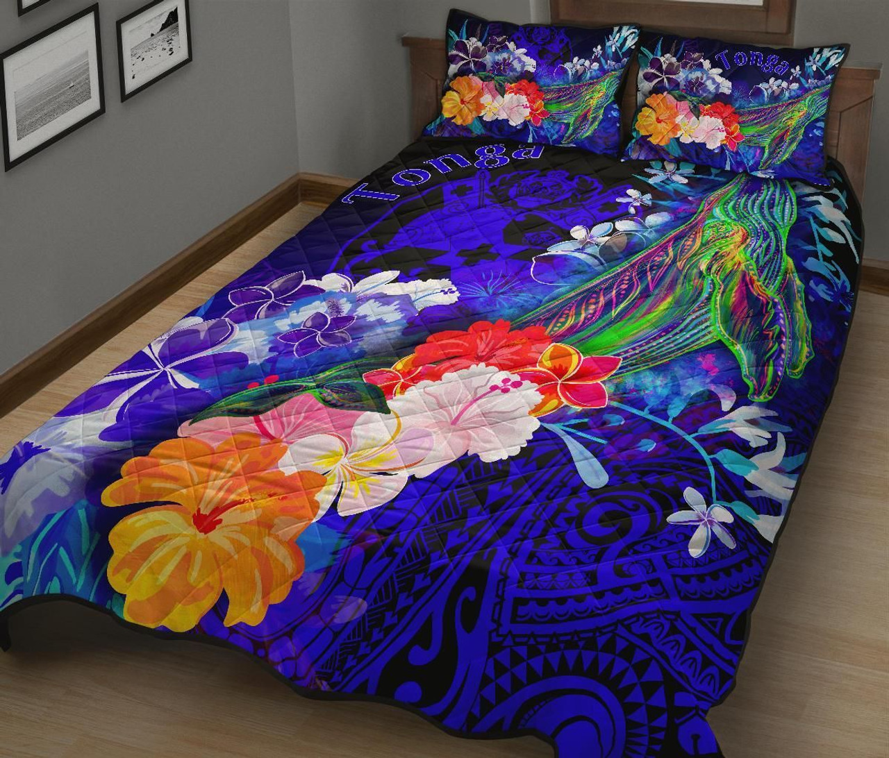 Tonga Quilt Bed Set - Humpback Whale with Tropical Flowers (Blue) 2