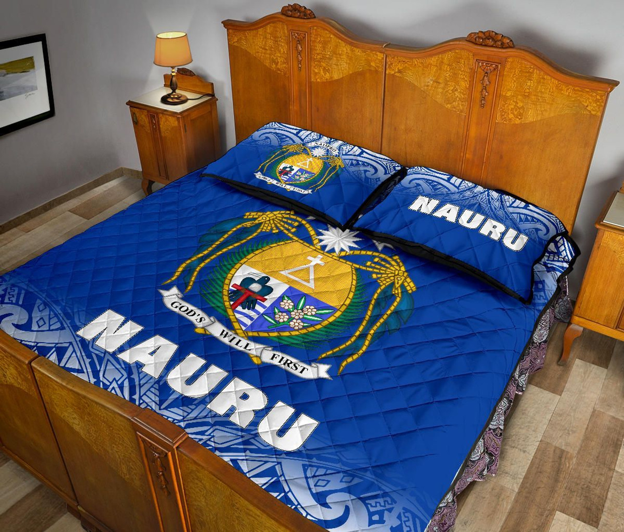 Nauru Quilt Bed Set - Nauru Coat Of Arms Polynesian Tattoo Blue Fog Style 5