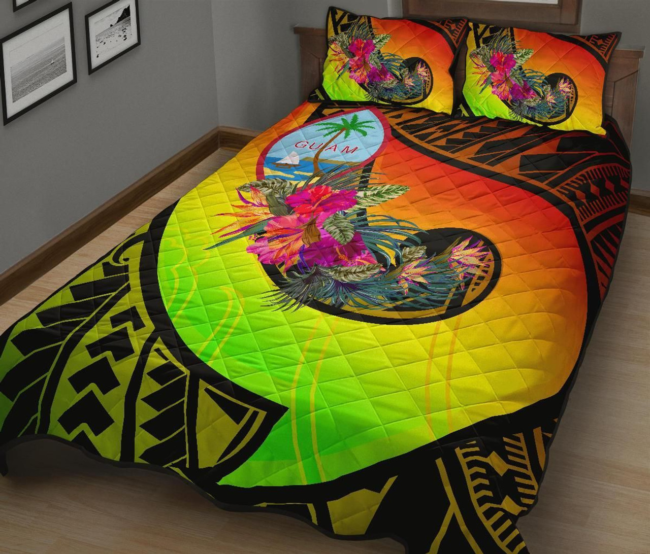 Guam Quilt Bed Set - Polynesian Hook And Hibiscus (Raggae) 2