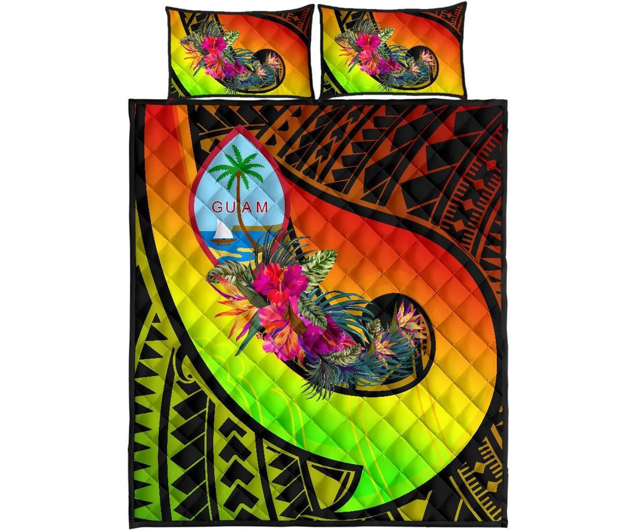 Guam Quilt Bed Set - Polynesian Hook And Hibiscus (Raggae) 5