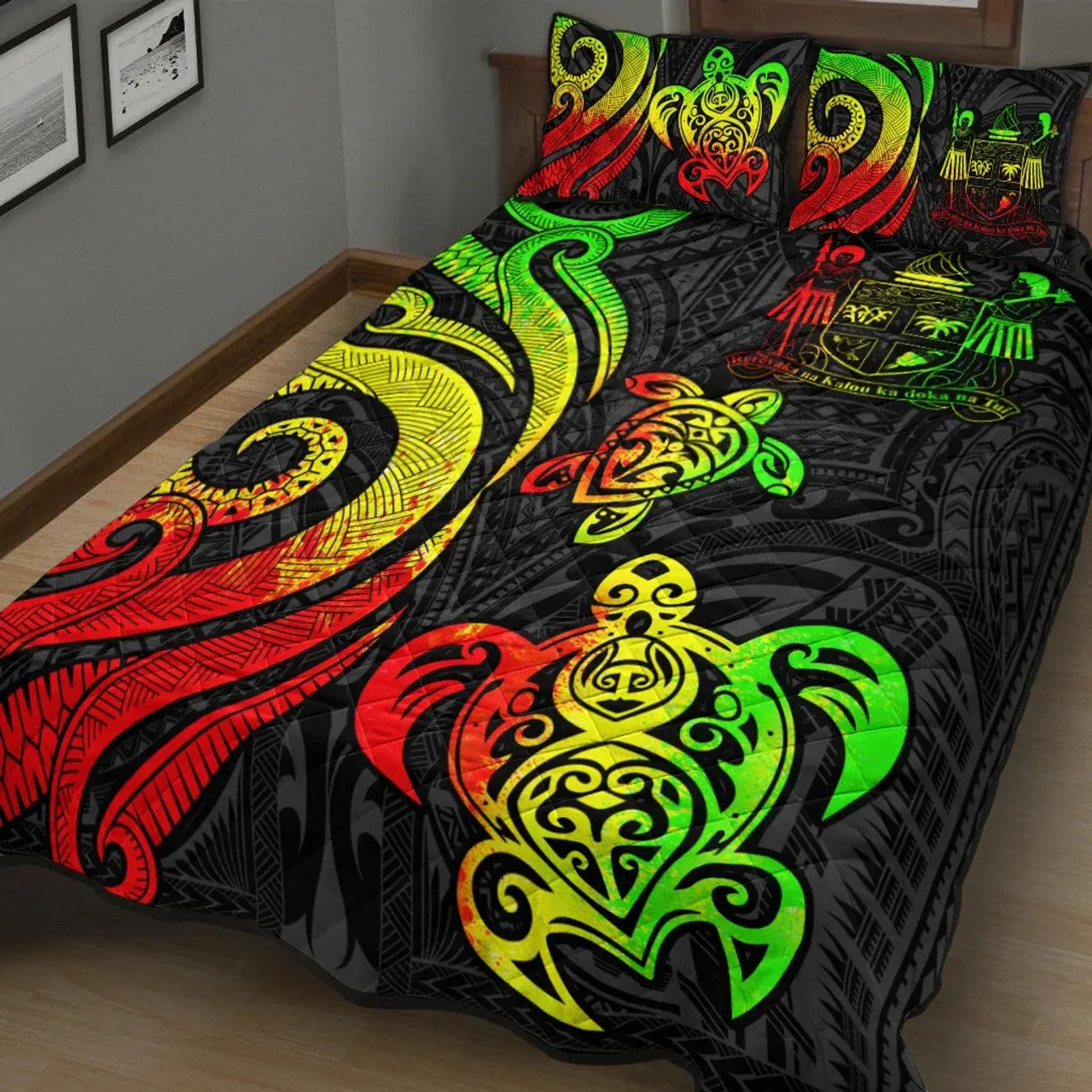 Fiji Quilt Bed Set - Reggae Tentacle Turtle Crest 3