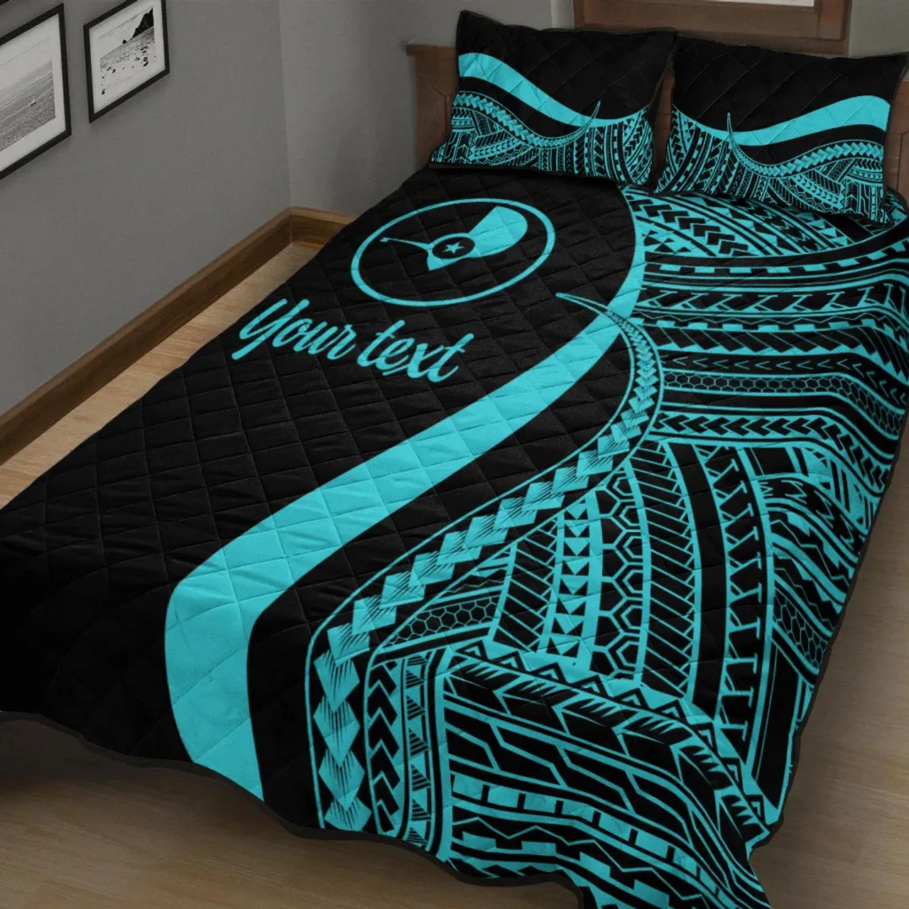 Yap Custom Personalised Quilt Bet Set - Turquoise Polynesian Tentacle Tribal Pattern 2