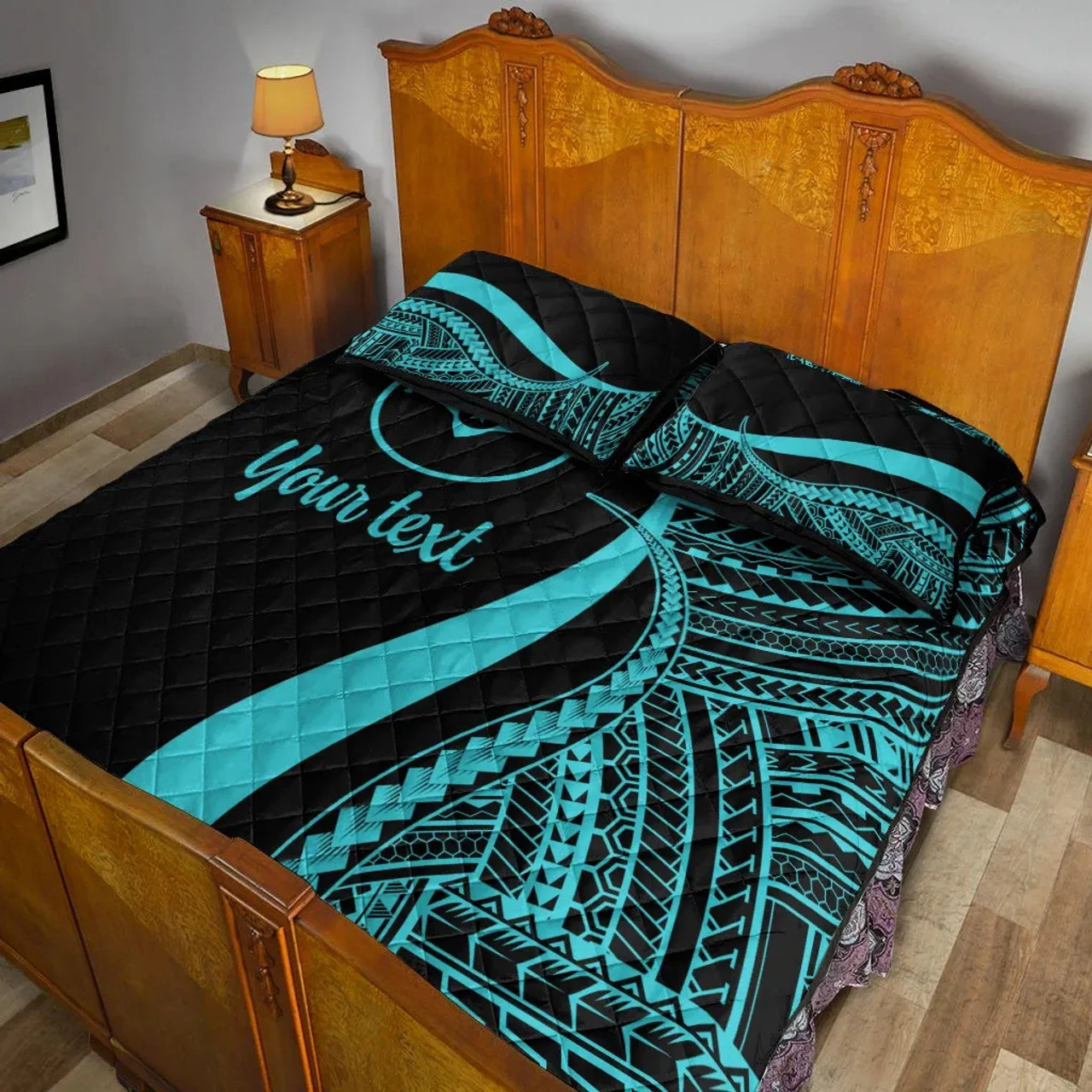 Yap Custom Personalised Quilt Bet Set - Turquoise Polynesian Tentacle Tribal Pattern 4