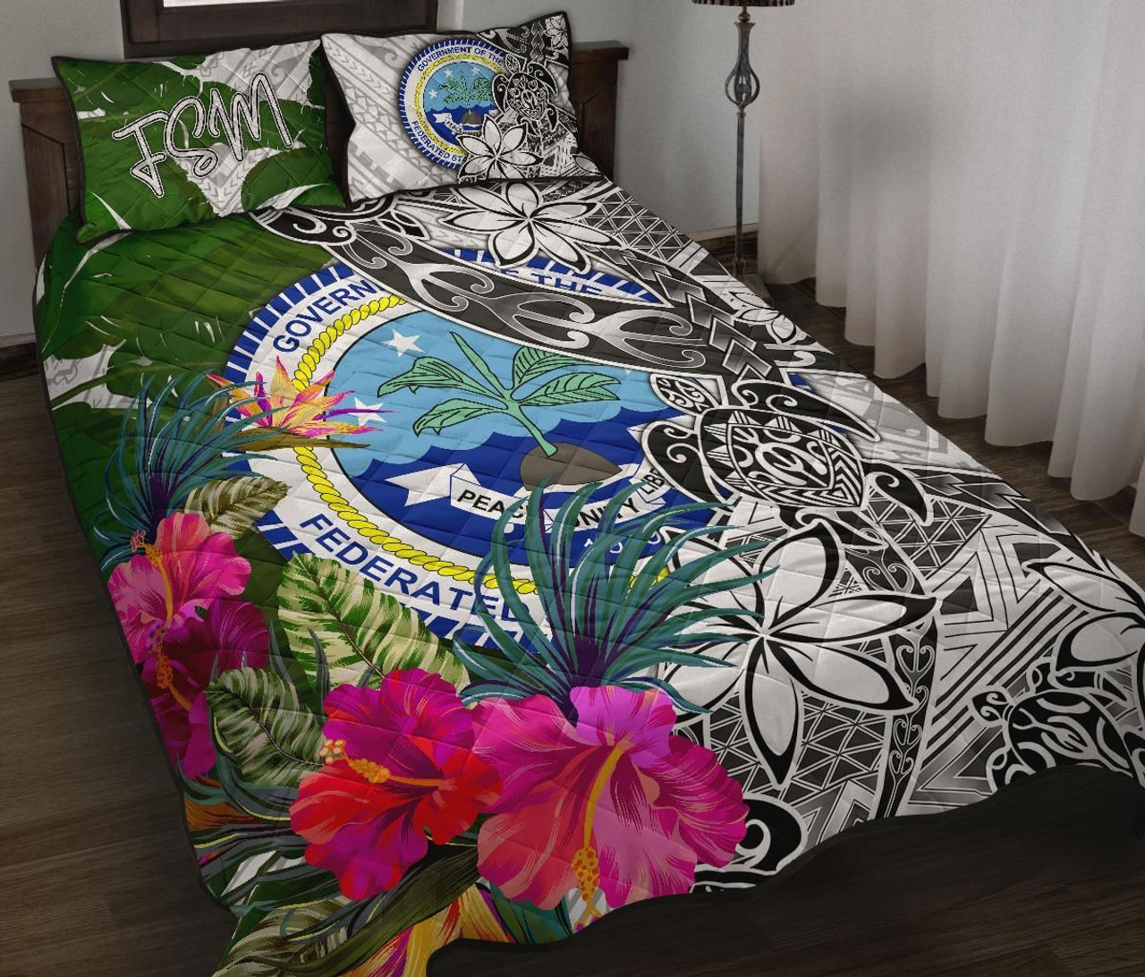 Federated States of Micronesia Quilt Bed Set White - Turtle Plumeria Banana Leaf 1
