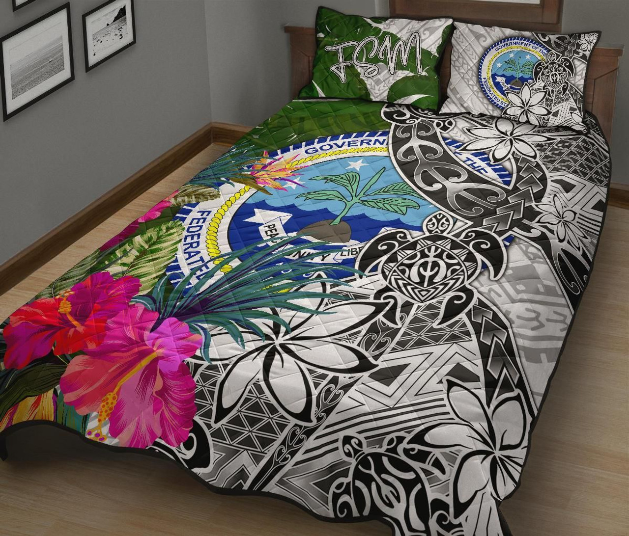 Federated States of Micronesia Quilt Bed Set White - Turtle Plumeria Banana Leaf 2