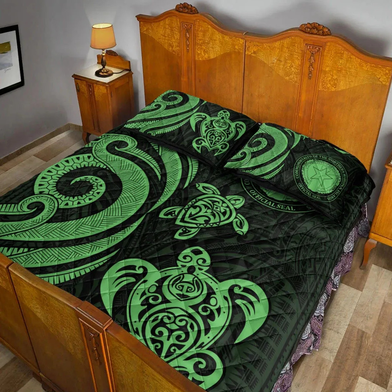 Northern Mariana Islands Quilt Bed Set - Green Tentacle Turtle 2