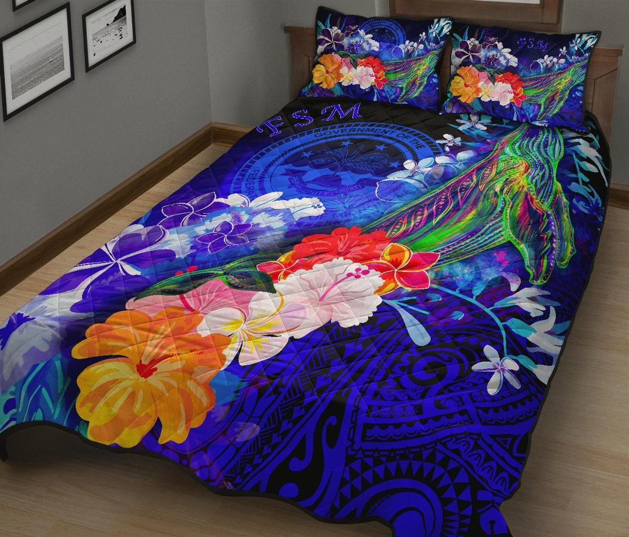 Federated States of Micronesia Quilt Bed Set - Humpback Whale with Tropical Flowers (Blue) 2