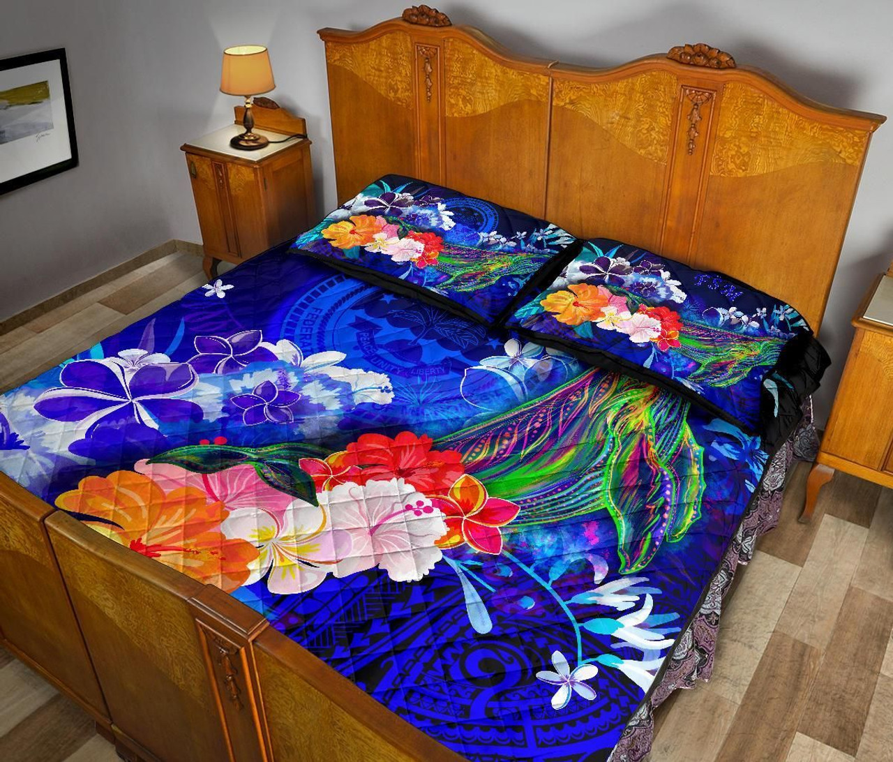 Federated States of Micronesia Quilt Bed Set - Humpback Whale with Tropical Flowers (Blue) 4