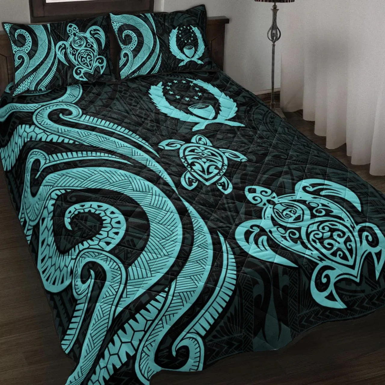 Pohnpei Quilt Bed Set - Turquoise Tentacle Turtle 1