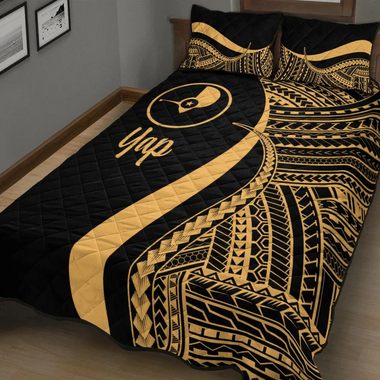 Yap Quilt Bet Set - Gold Polynesian Tentacle Tribal Pattern 2