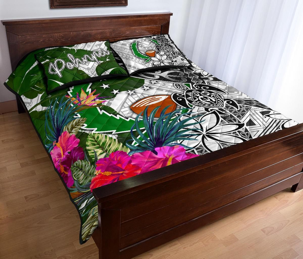 Pohnpei Quilt Bed Set White - Turtle Plumeria Banana Leaf 3