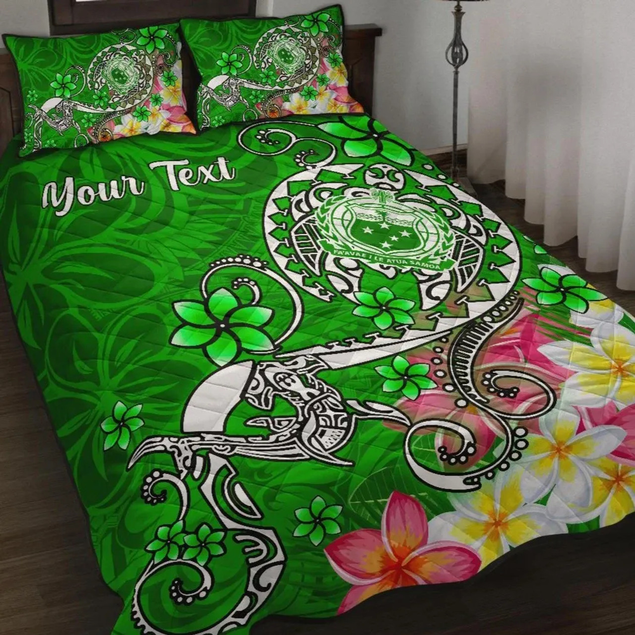 Samoa Custom Personalised Quilt Bed Set - Turtle Plumeria (Green) 1
