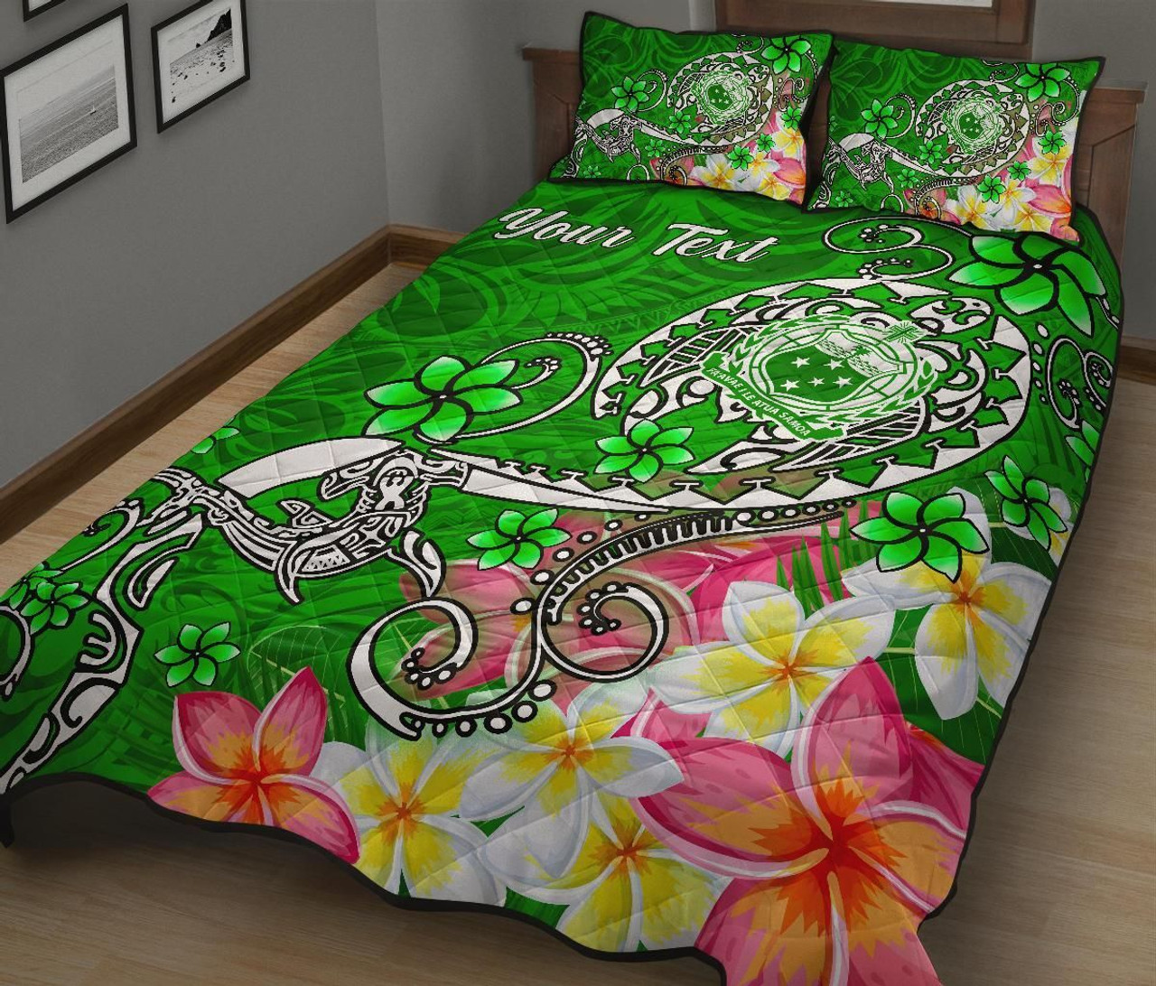 Samoa Custom Personalised Quilt Bed Set - Turtle Plumeria (Green) 2
