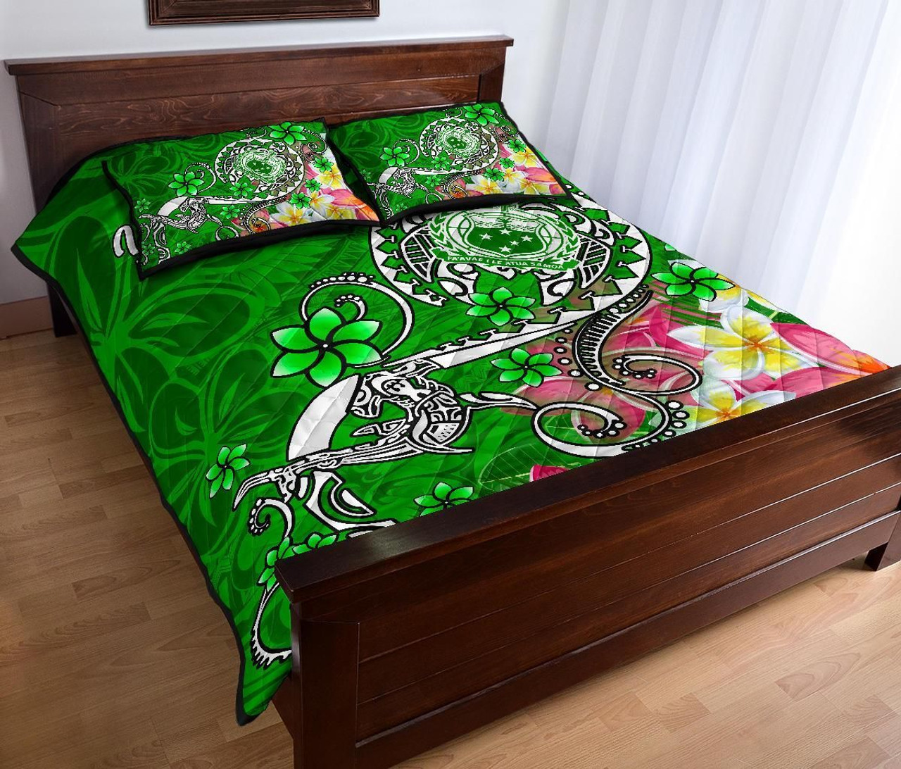 Samoa Custom Personalised Quilt Bed Set - Turtle Plumeria (Green) 3