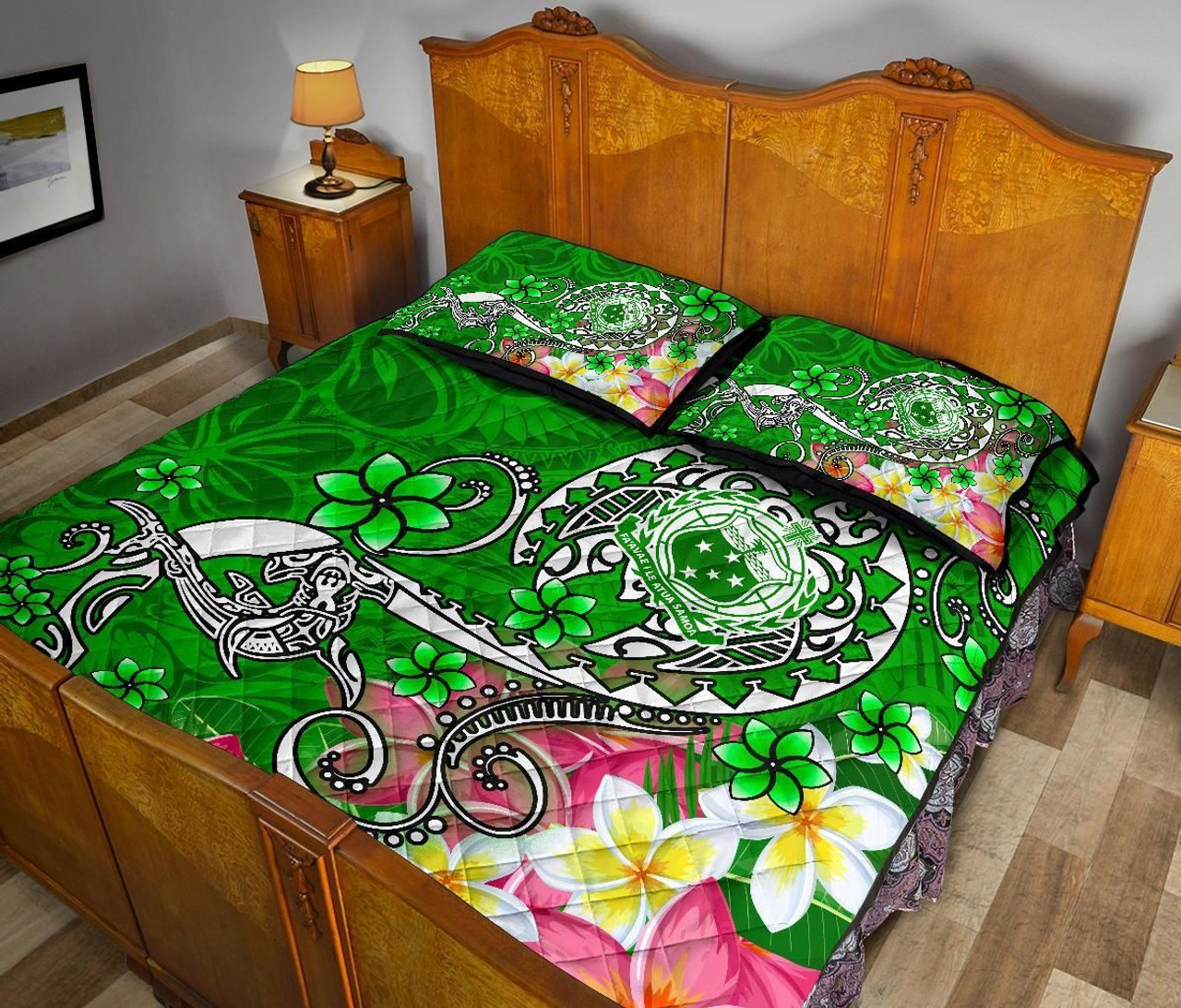 Samoa Custom Personalised Quilt Bed Set - Turtle Plumeria (Green) 4
