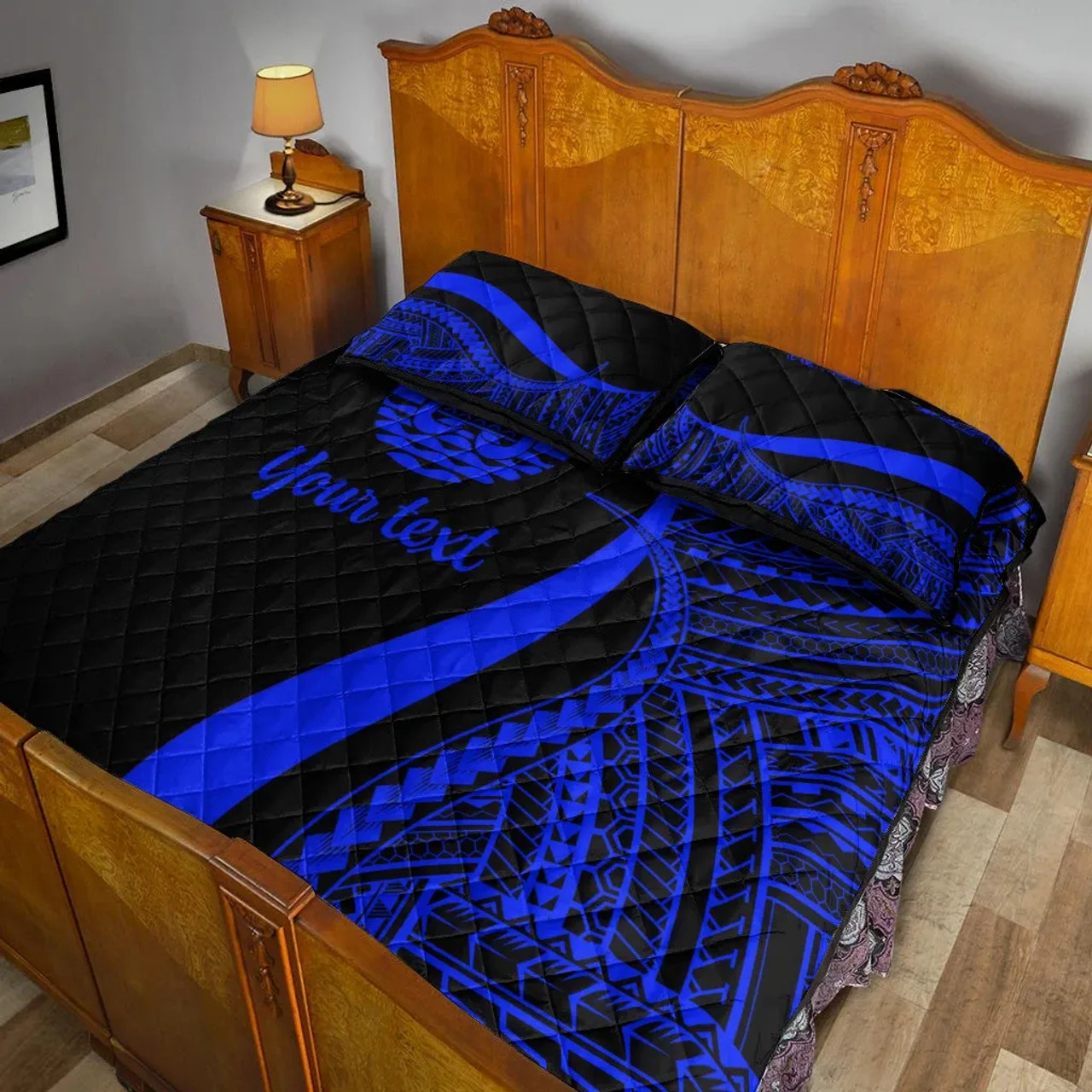 Tahiti Custom Personalised Quilt Bet Set - Blue Polynesian Tentacle Tribal Pattern 4