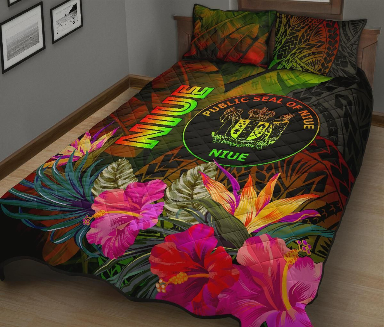 Niue Polynesian Quilt Bed Set - Hibiscus and Banana Leaves 2