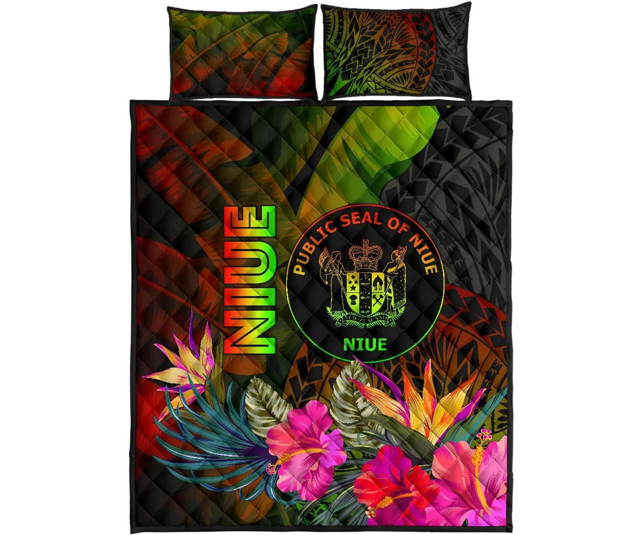 Niue Polynesian Quilt Bed Set - Hibiscus and Banana Leaves 5