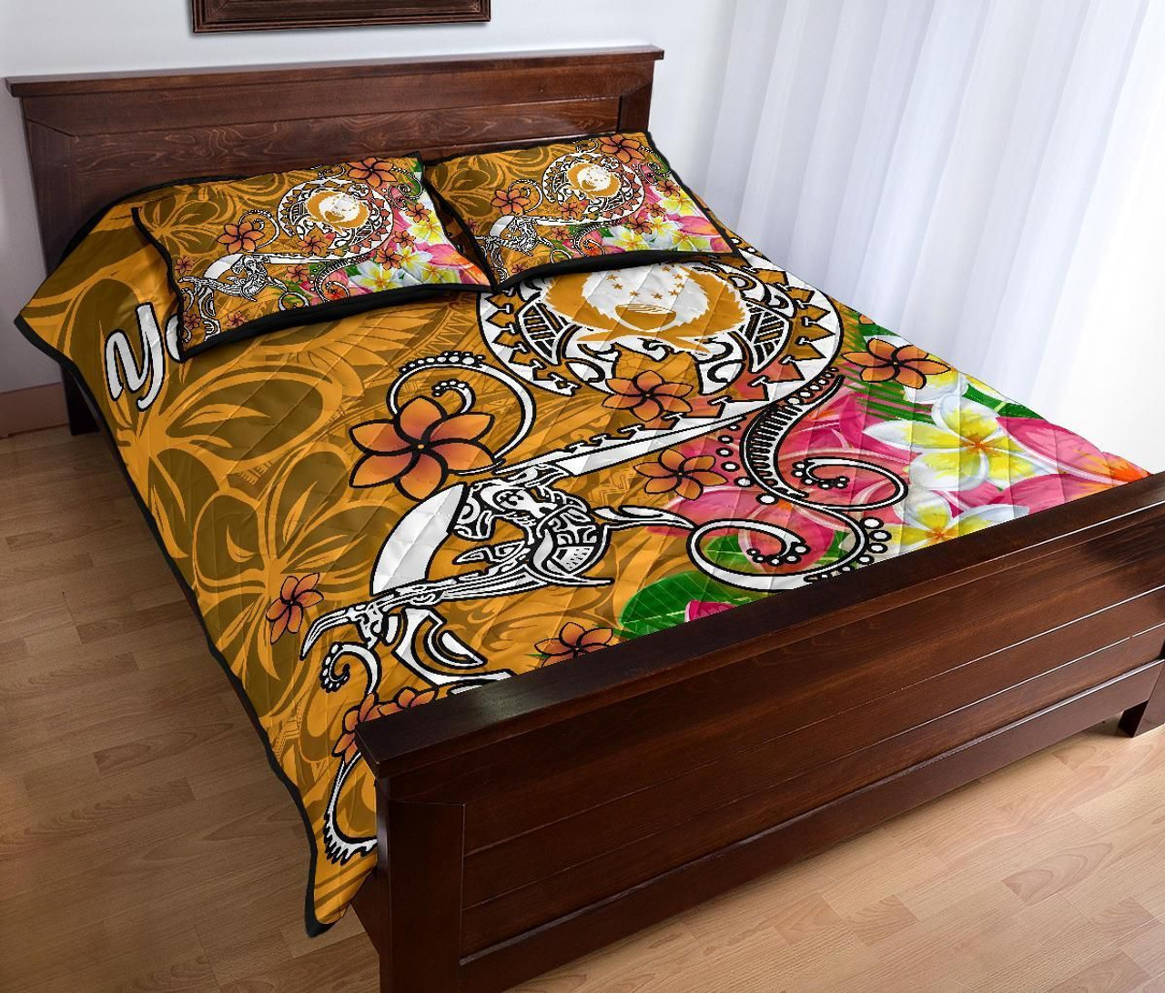 Pohnpei Custom Personalised Quilt Bed Set - Turtle Plumeria (Gold) 3