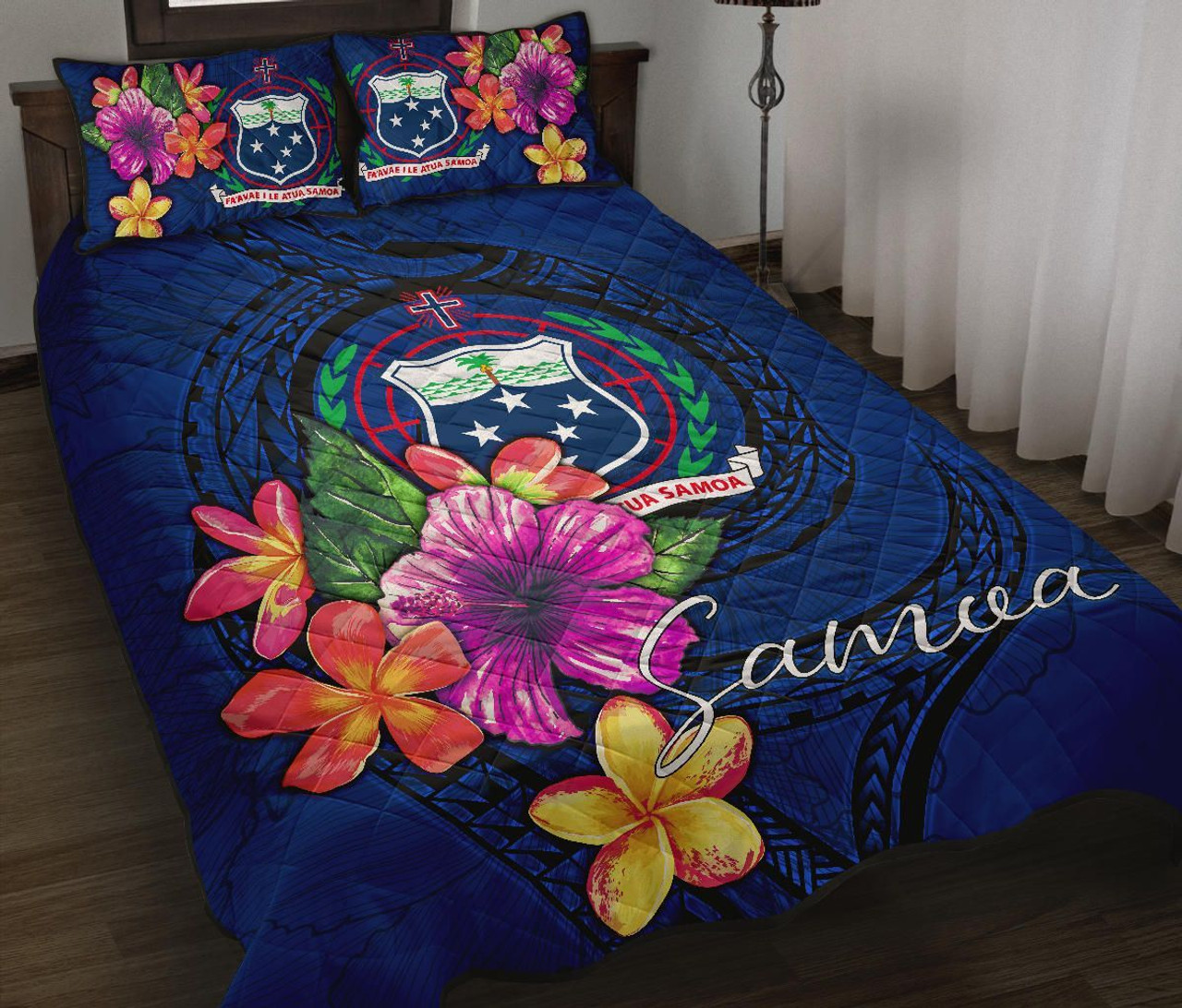 Samoa Polynesian Quilt Bed Set - Floral With Seal Blue 1