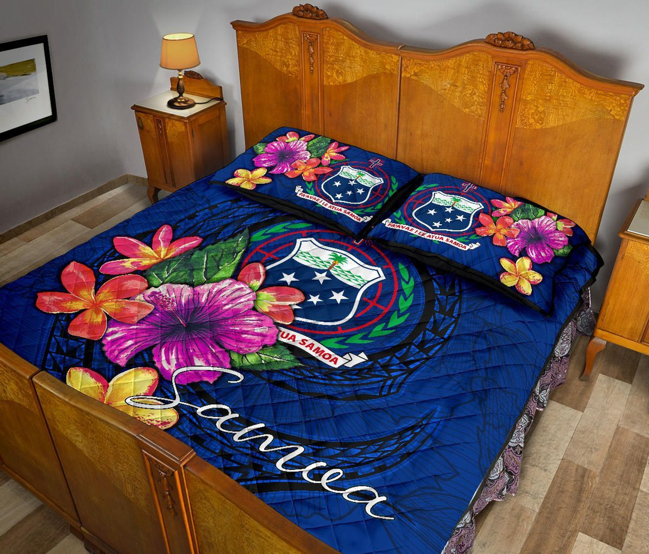 Samoa Polynesian Quilt Bed Set - Floral With Seal Blue 4