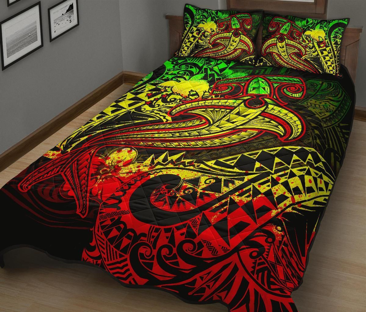 Papua New Guinea Quilt Bed Set - Reggae Shark Polynesian Tattoo 2