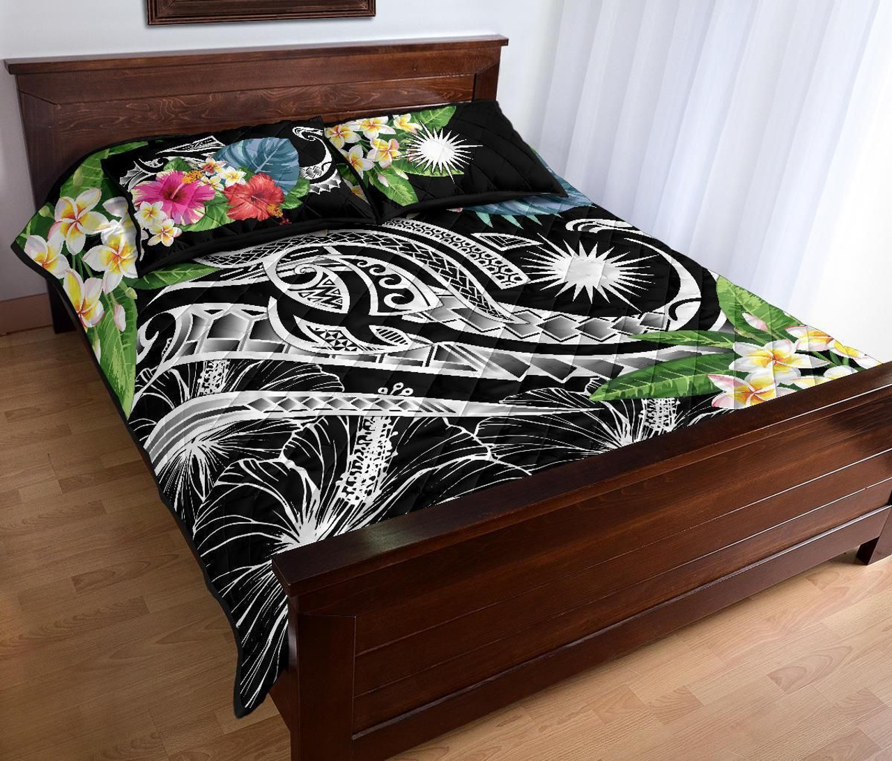 Marshall Islands Polynesian Quilt Bed Set - Summer Plumeria (Black) 3