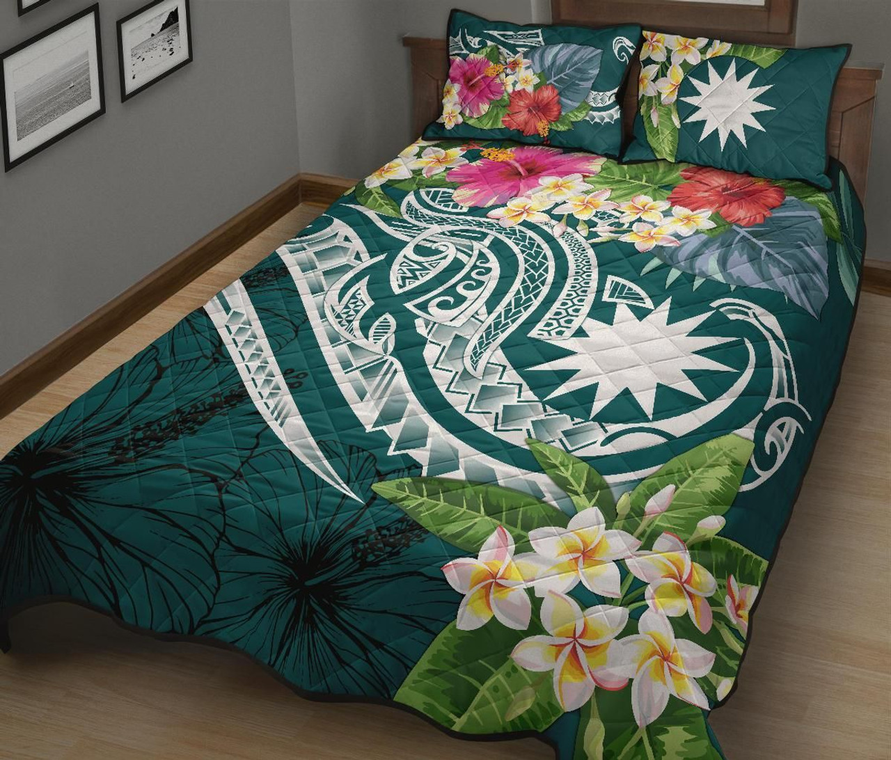 Nauru Polynesian Quilt Bed Set - Summer Plumeria (Turquoise) 2