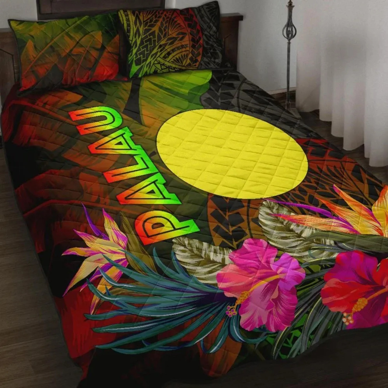 Palau Polynesian Quilt Bed Set - Hibiscus and Banana Leaves 1
